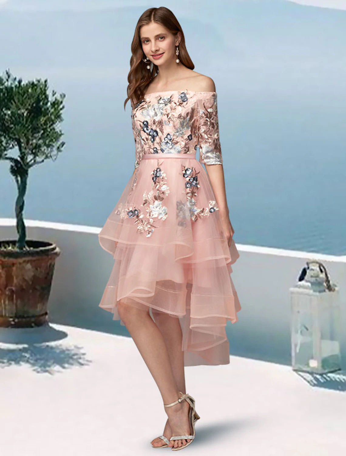 A-Line Prom Dresses Floral Dress Evening Party Wedding Party Asymmetrical Half Sleeve Off Shoulder Satin with Embroidery Applique
