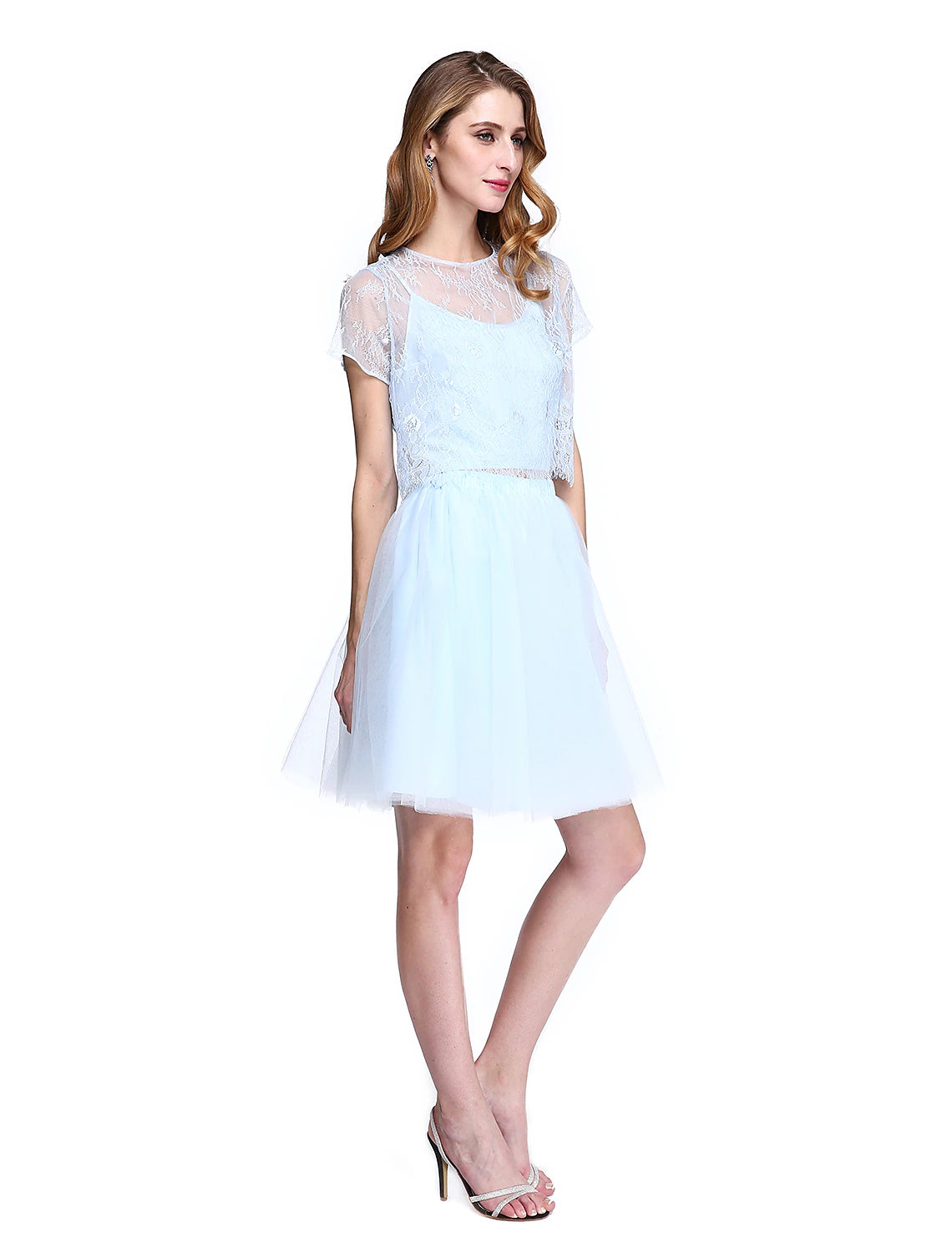 A-Line Mother of the Bride Dress Two Piece Jewel Neck Knee Length Lace Tulle Short Sleeve No with Lace