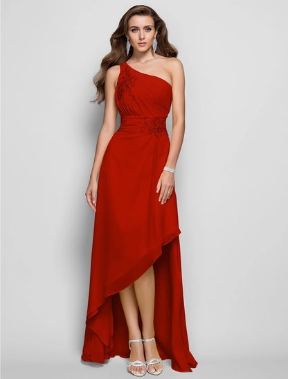 Vestido elegante de corte tubo/columna para invitada de boda, cóctel, asimétrico, sin mangas, un hombro, dama de honor, de gasa con apliques de abertura y cuentas.