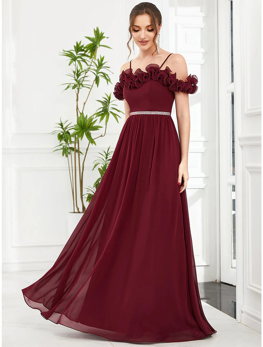 A-Linie Ballkleider Vintage Kleid Hochzeitsgast Geburtstag Bodenlang Ärmellos Schulterfrei Brautjungfernkleid Chiffon mit Applikationen Schulterblume