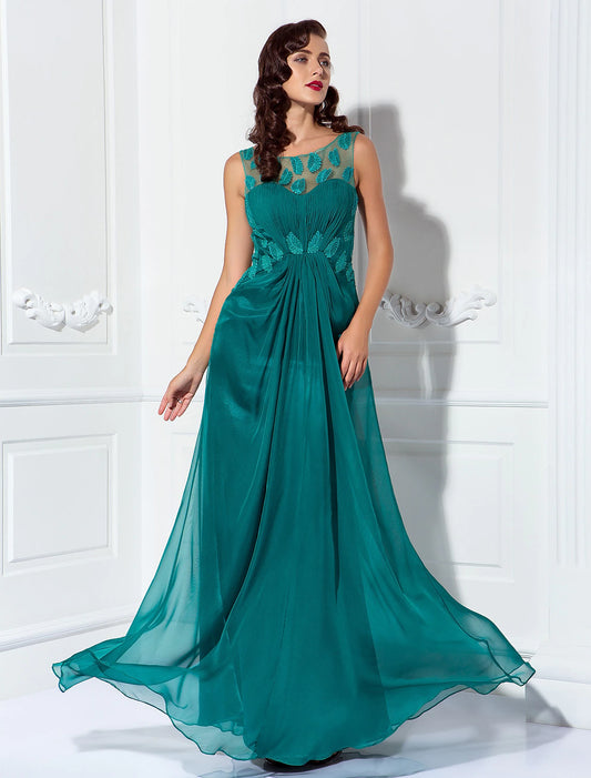 Etuikleid/Säulenkleid, elegantes Ballkleid, formeller Abend, bodenlang, ärmellos, Illusionsausschnitt, Chiffon mit drapierten Applikationen