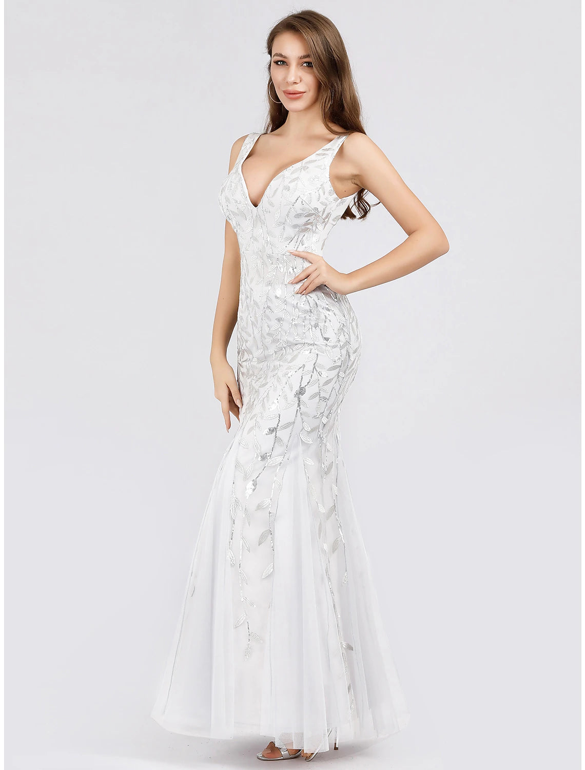 Mermaid / Trumpet Sparkle Sexy Prom Formal Evening Dress V Neck V Back Sleeveless Floor Length Tulle with Sequin Appliques