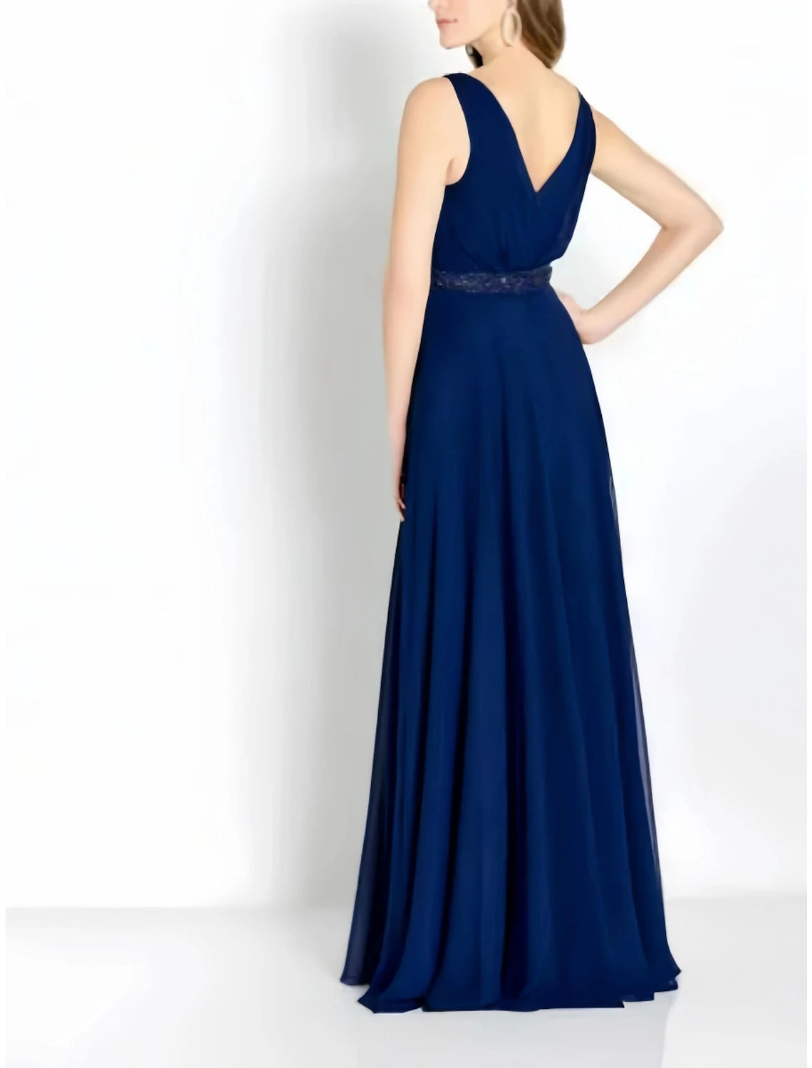 Vestido de madre de la novia de corte A para invitados de boda, elegante, escote en V, largo hasta el suelo, de gasa, manga larga con pliegues y cristales