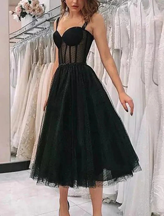 A-Linie Ballkleid Schwarz Vintage Kleid Homecoming Cocktail Party Knielang Ärmellos Sweetheart Wednesday Addams Family Tüll mit Falten