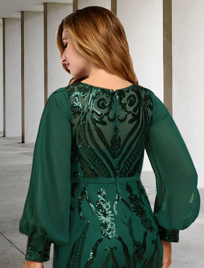 Sirena / Trompeta Talla Grande Curva Vestidos de Madre de la Novia Vestido Elegante Vestido Formal Invitada de Boda Barrido / Cola de Cepillo Manga Larga Cuello Joya Gasa con Lentejuelas