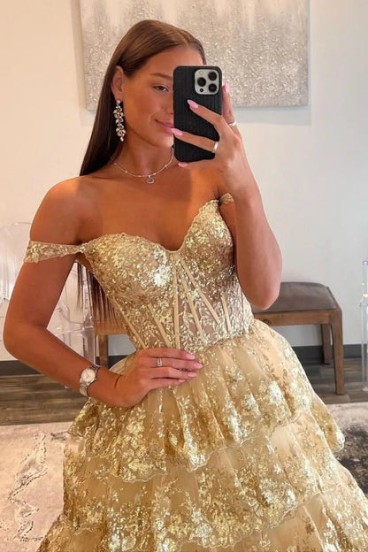 A-Line Off The Shoulder Lace Up Long Prom Dress with Sequin