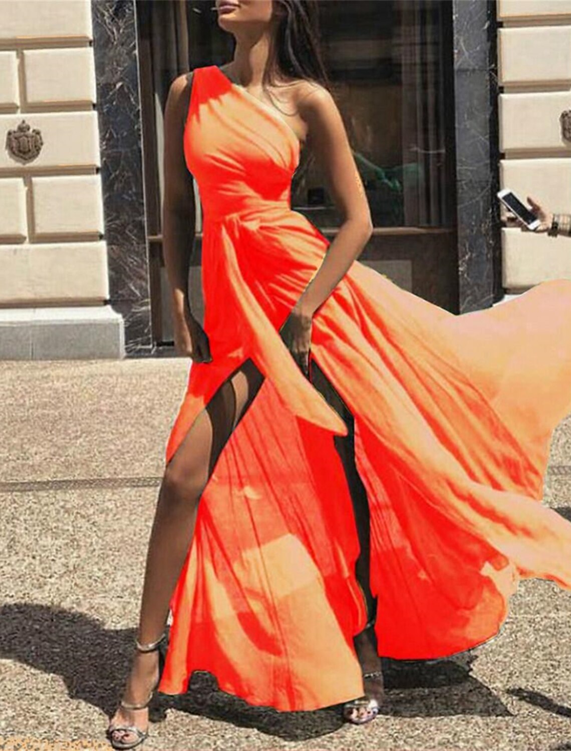 Vestidos de fiesta de corte A, estilo imperio, para invitados de boda, formales, de noche, hasta el suelo, sin mangas, con un hombro descubierto, para dama de honor, de gasa con lazo(s), con tiras.