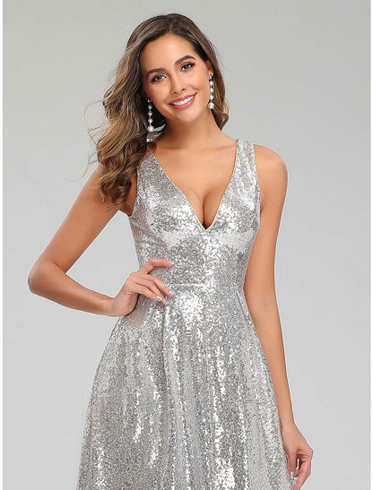 A-Line Prom Dresses Sparkle Dress Wedding Guest Floor Length Sleeveless V Neck Polyester V Back with Sequin