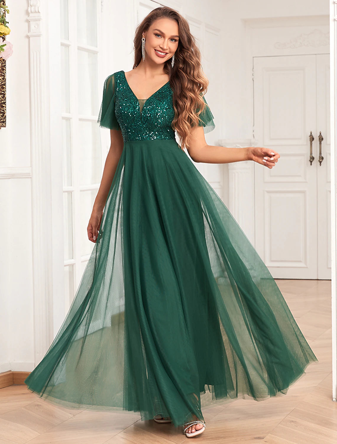 Vestidos de fiesta de corte A, vestido imperio, vestido de noche, vestido de fiesta, largo hasta el suelo, manga corta, cuello en V, gasa, espalda en V con lentejuelas brillantes