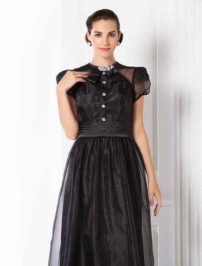 Sheath / Column Elegant Dress Prom Formal Evening Floor Length Short Sleeve Jewel Neck Organza with Lace Sash / Ribbon Ruched