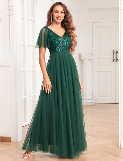 Vestidos de fiesta de corte A, vestido imperio, vestido de noche, vestido de fiesta, largo hasta el suelo, manga corta, cuello en V, gasa, espalda en V con lentejuelas brillantes