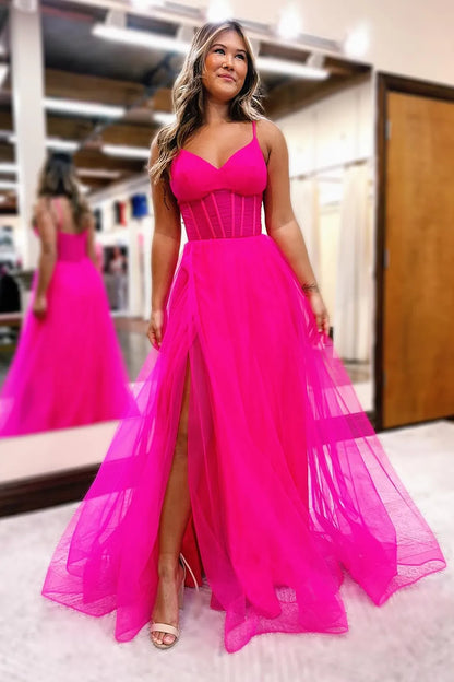 Vestido de fiesta largo de tul con tirantes finos, sencillo y elegante, con abertura en la espalda