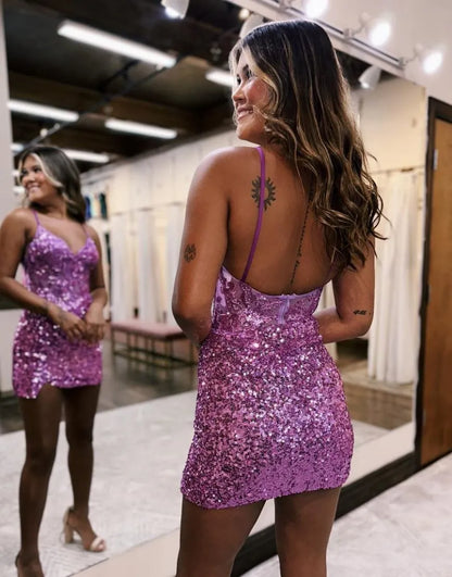 A-line Sparkly Spaghetti Straps Sequins Tight Homecoming Dresses Party Dress
