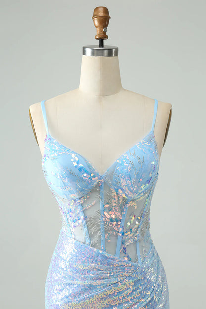 Glitter Tight Spaghetti Straps Short Homecoming Dress with Sequins