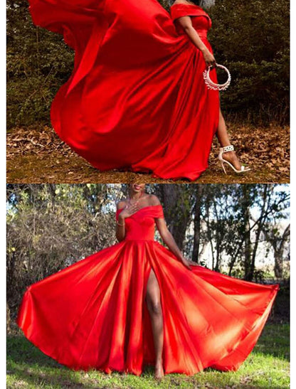 Women's Off The Shoulder Satin Prom Dresses Long with Pockets A line Slit Formal Evening Party Gowns