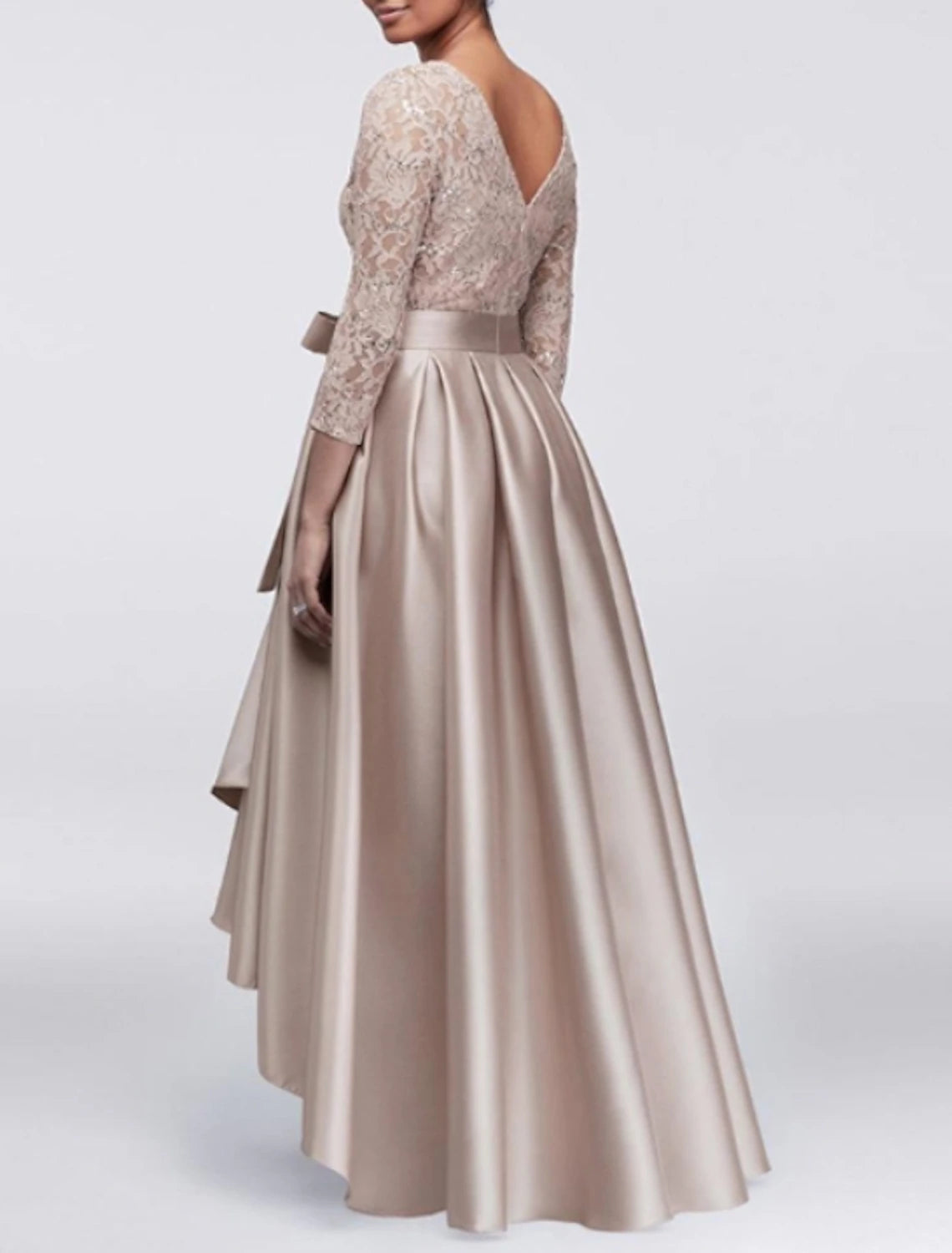 A-Line Mother of the Bride Dress Wedding Guest Elegant Plus Size High Low Jewel Neck Asymmetrical Satin Lace 3/4 Length Sleeve with Sash / Ribbon Appliques
