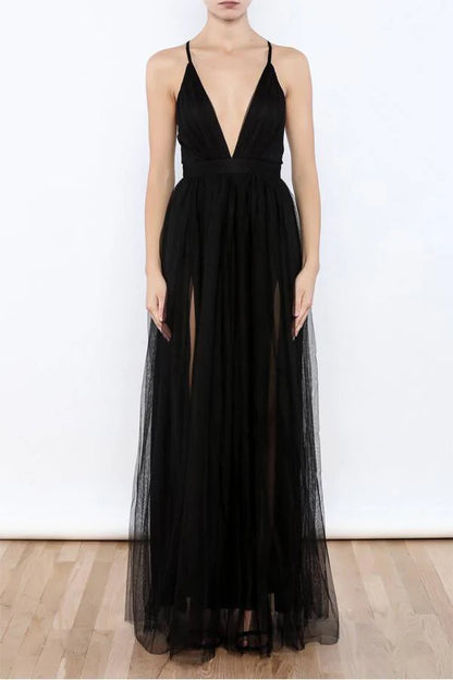 Tulle Sexy V Neck Side Slit Evening Gowns Prom Dresse