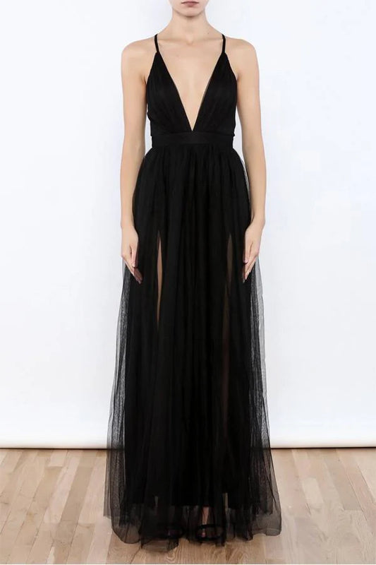 Tulle Sexy V Neck Side Slit Evening Gowns Prom Dresse