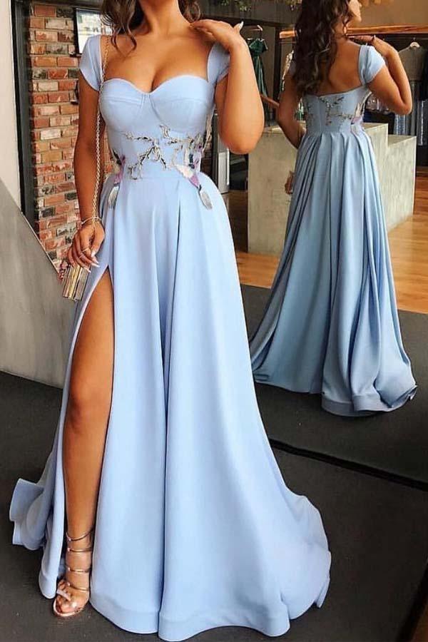 Sweetheart Neck Cap Sleeve Floor Length Prom Dress with Split
