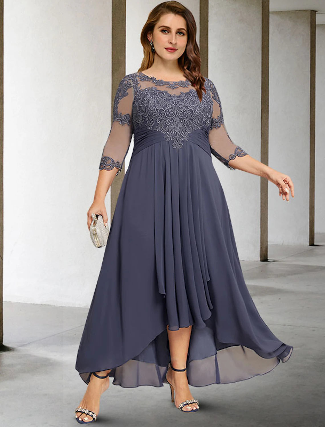 A-Line Plus Size Curve Mother of the Bride Dresses Elegant Fall Wedding Guest Dress Formal Asymmetrical 3/4 Length Sleeve Jewel Neck Chiffon with Pleats Ruched Appliques