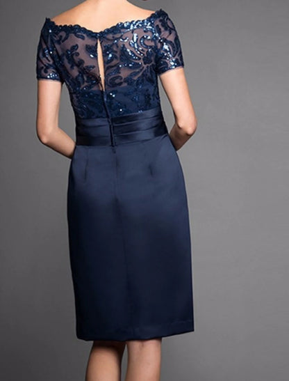 A-Line Mother of the Bride Dress Wedding Guest Elegant Plus Size Sparkle & Shine Off Shoulder Knee Length Satin Lace Sequined Short Sleeve with Ruched Appliques