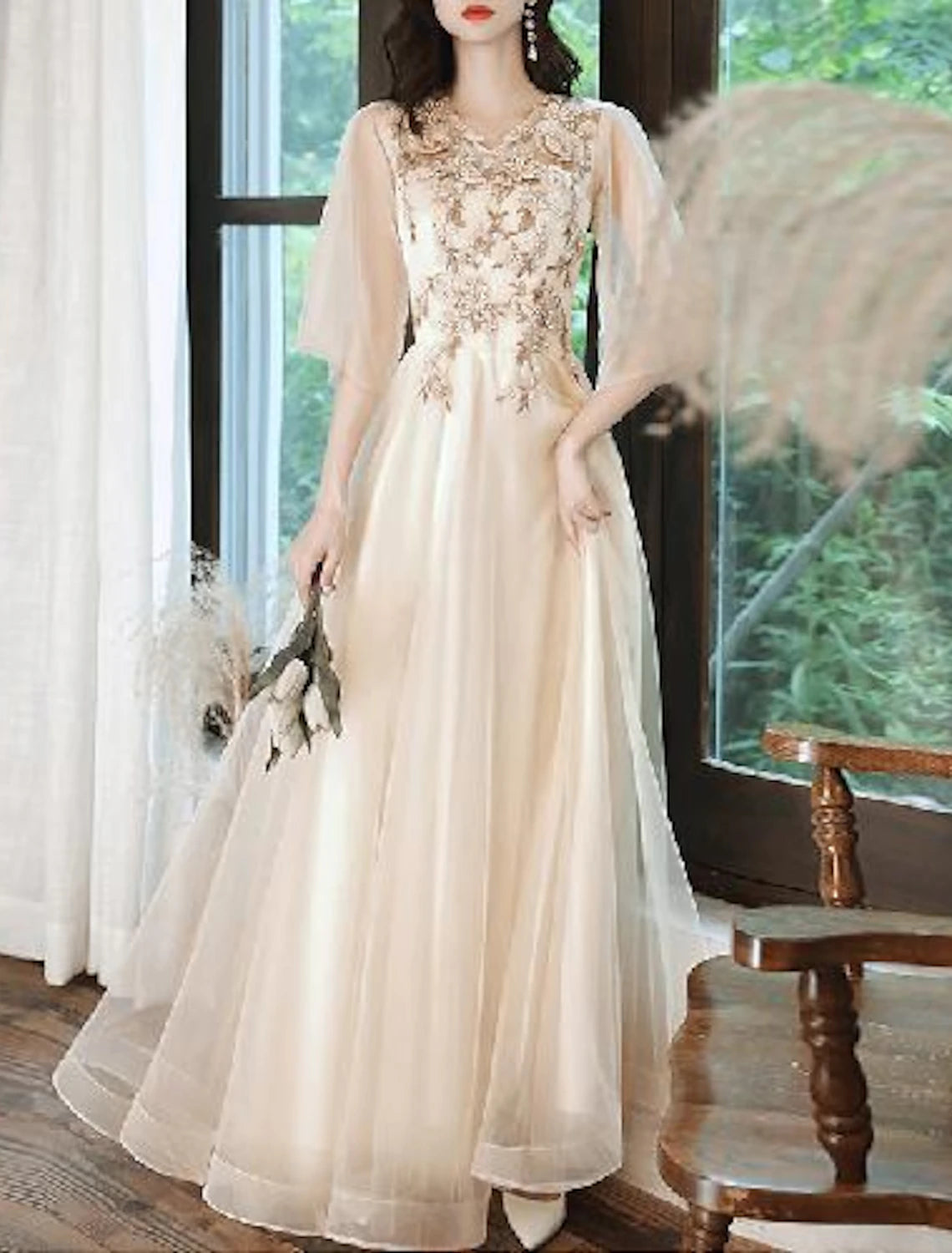 A-Line Prom Dresses Cute Dress Valentine's Day Wedding Guest Floor Length Half Sleeve V Neck Tulle with Beading Appliques