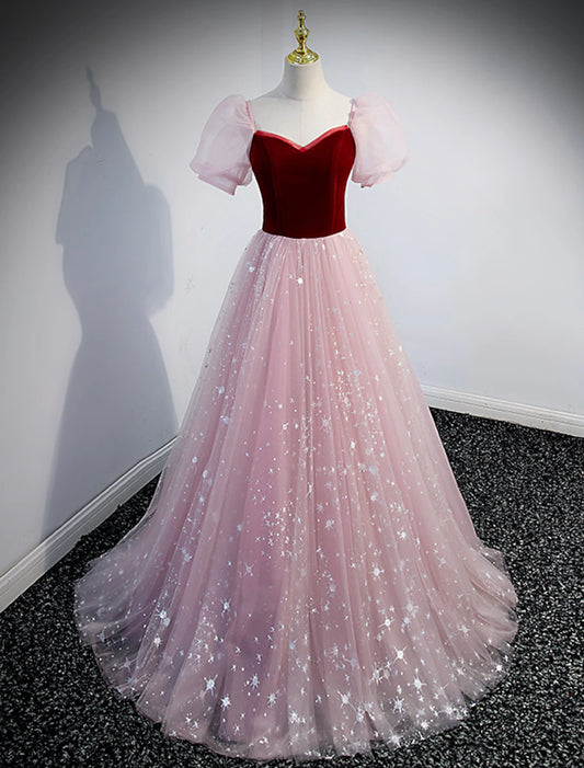 A-Linie Ballkleider Prinzessinnenkleid Ball Valentinstag Bodenlang Kurzarm Herzausschnitt Tüll mit Pailletten