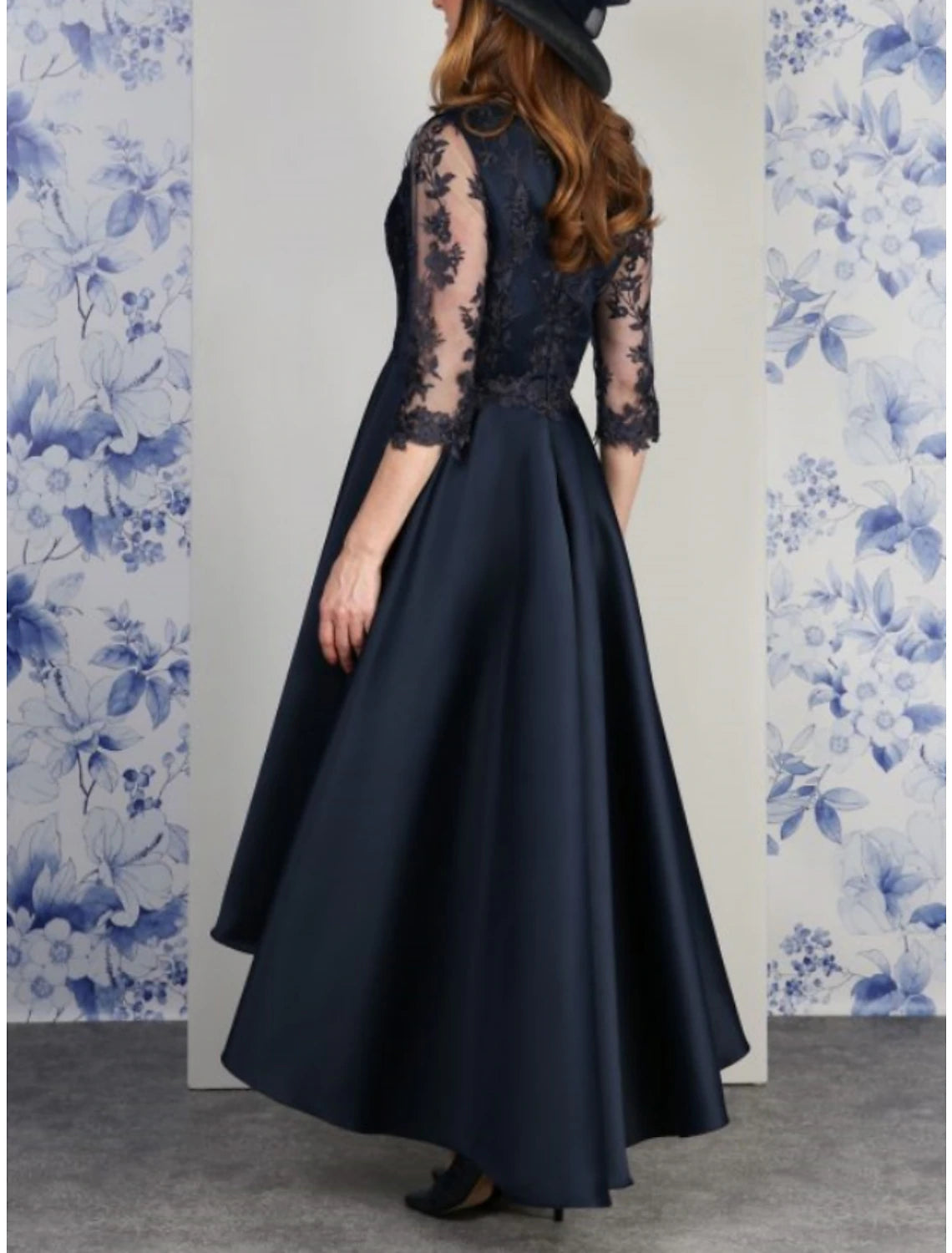 A-Line Mother of the Bride Dress Wedding Guest Vintage Party V Neck Asymmetrical Ankle Length Satin Lace 3/4 Length Sleeve with Pleats Solid Color