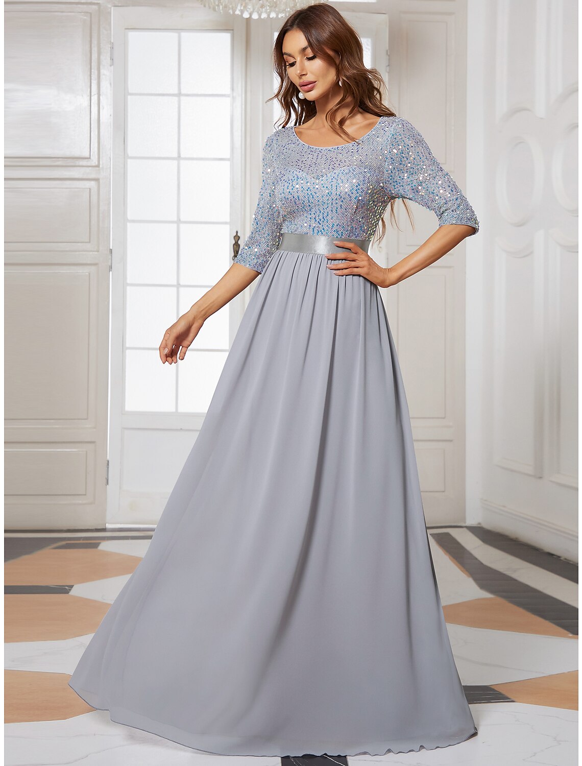 A-Line Mother of the Bride Dress Wedding Guest Plus Size Elegant Jewel Neck Floor Length Tulle Sequined 3/4 Length Sleeve with Sequin Fall