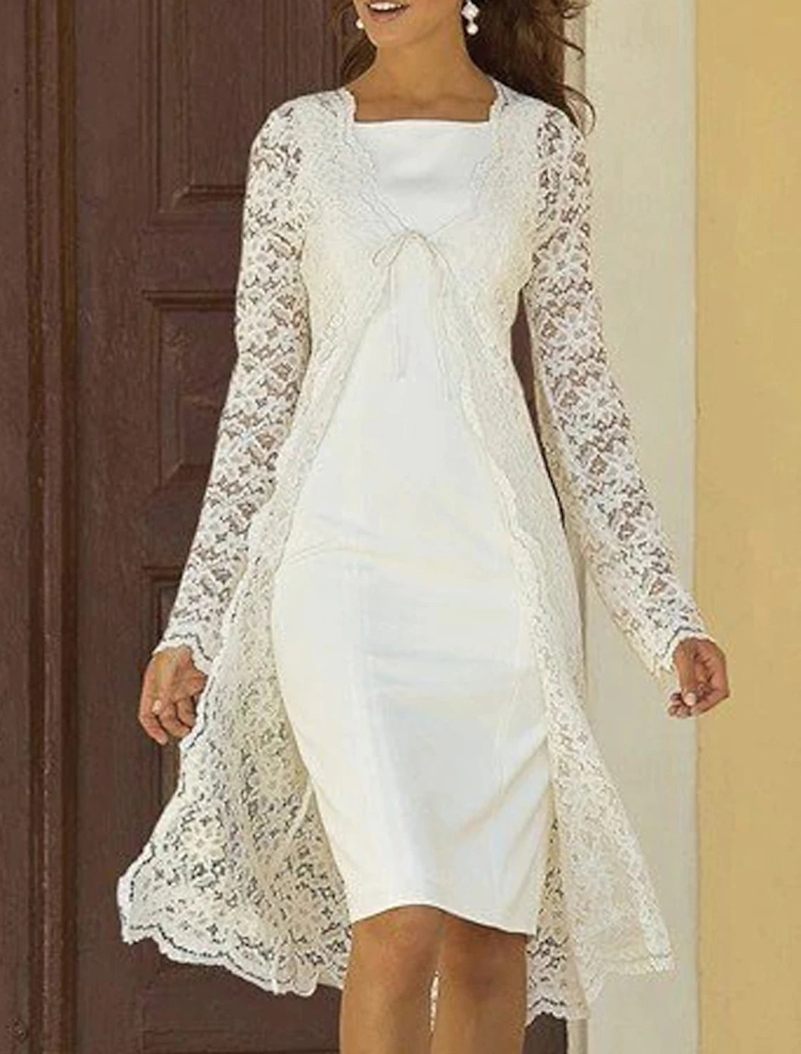 Vestido de dos piezas tipo tubo/columna para madre de la novia, para invitada de boda, iglesia, elegante, cuello cuadrado, largo hasta la rodilla, de gasa, con encaje, sin mangas, chaqueta, vestidos con color sólido