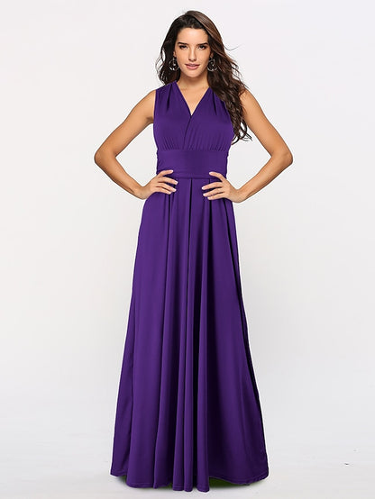 A-Line Bridesmaid Dress Halter / V Neck Sleeveless Convertible Floor Length Spandex with Sash / Ribbon / Pleats