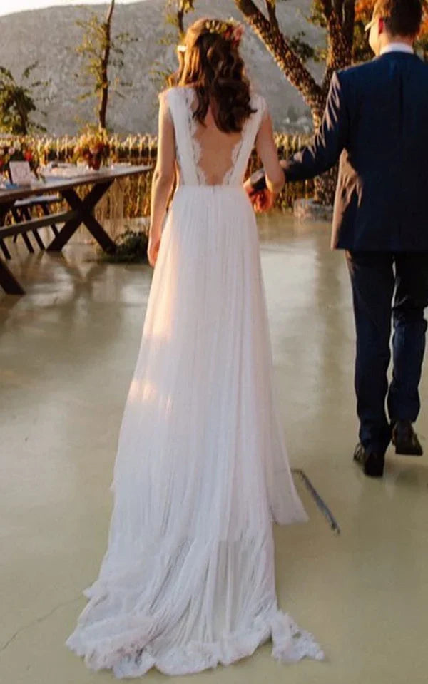 A-Line Neckline Chiffon Lace Wedding Dress With Open Back And Pleats