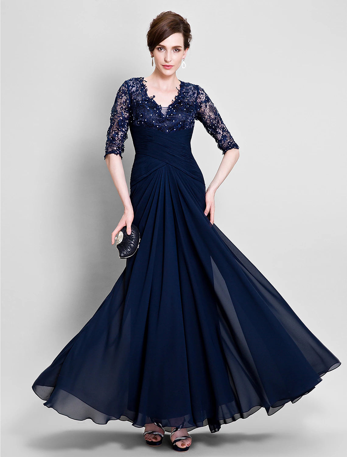 A-Line Mother of the Bride Dress See Through V Neck Floor Length Chiffon Lace Half Sleeve No with Lace Beading