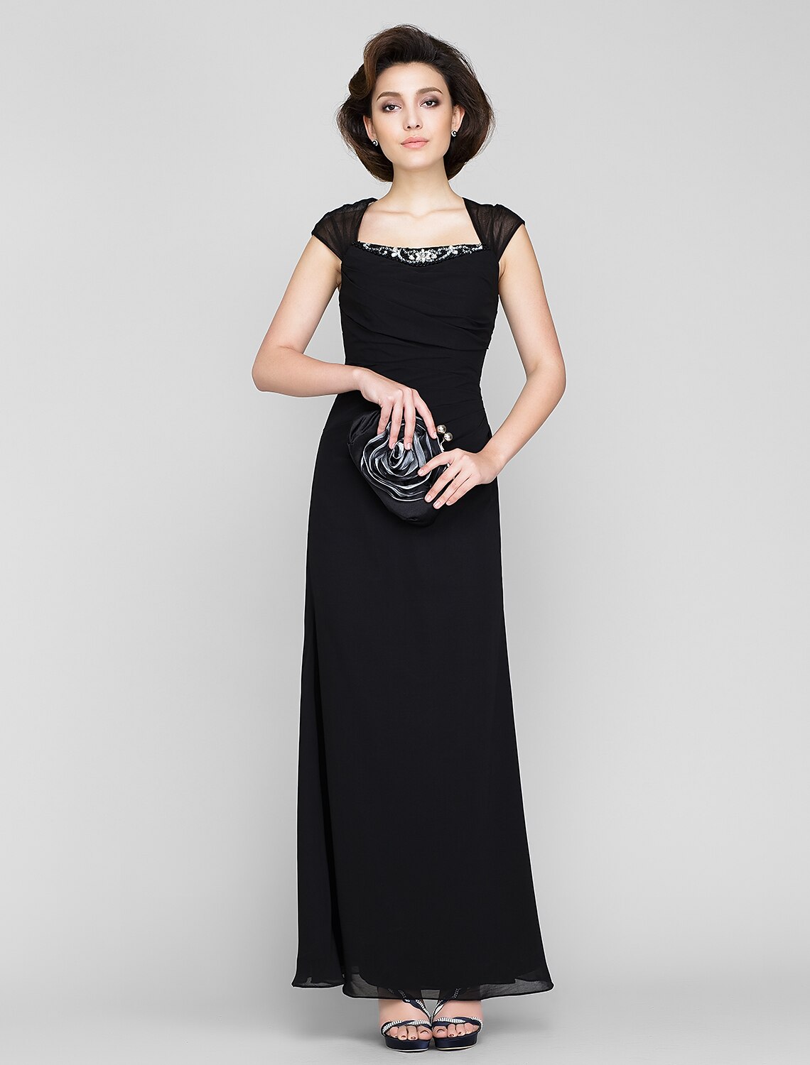 Sheath / Column Mother of the Bride Dress See Through Square Neck Ankle Length Chiffon Sleeveless No with Beading
