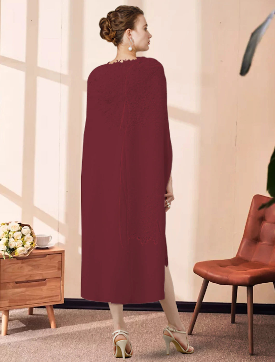 Vestido de dos piezas tipo tubo/columna para madre de la novia, para invitada de boda, iglesia, elegante, cuello joya, largo hasta la rodilla, de gasa, con encaje, sin mangas y apliques de cuentas.