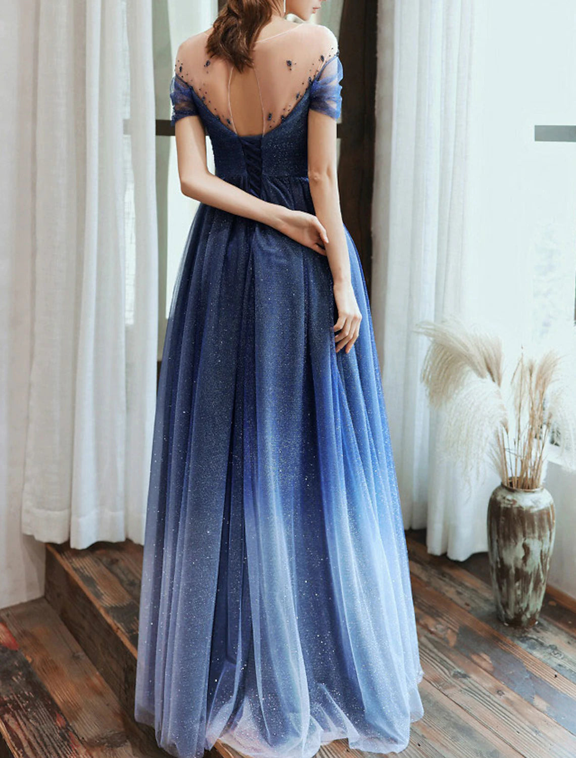 Sheath / Column Color Block Minimalist Sparkle Wedding Guest Formal Evening Dress Jewel Neck Short Sleeve Floor Length Tulle with Pleats Sequin