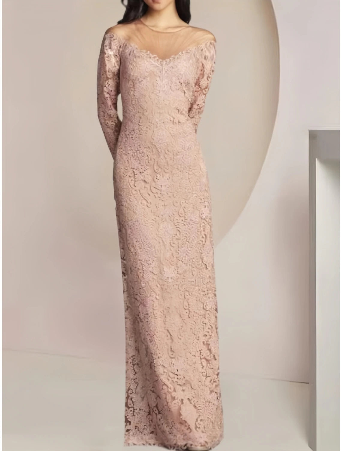 Etuikleid/Säulenkleid für die Brautmutter, Hochzeitsgast, elegant, Illusionsausschnitt, bodenlang, Spitze, lange Ärmel, einfarbig