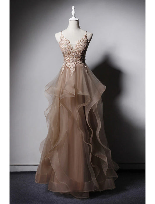 A-Linie Ballkleider, Rückenfrei, Kleid für formelle Hochzeiten, Partys, bodenlang, ärmellos, Spaghettiträger, Spitze mit Rüschenapplikationen