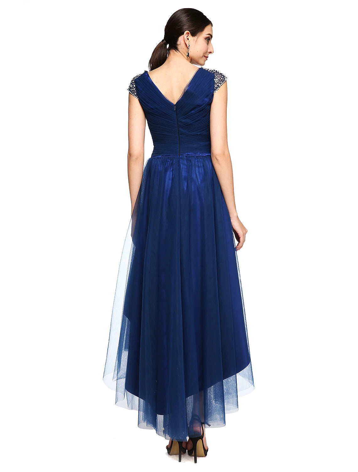 A-Linien-Kleid für besondere Anlässe, rückenfreies Kleid für Hochzeitsgäste, Abschlussball, asymmetrisch, kurze Ärmel, V-Ausschnitt, Tüll mit überkreuzten Perlen