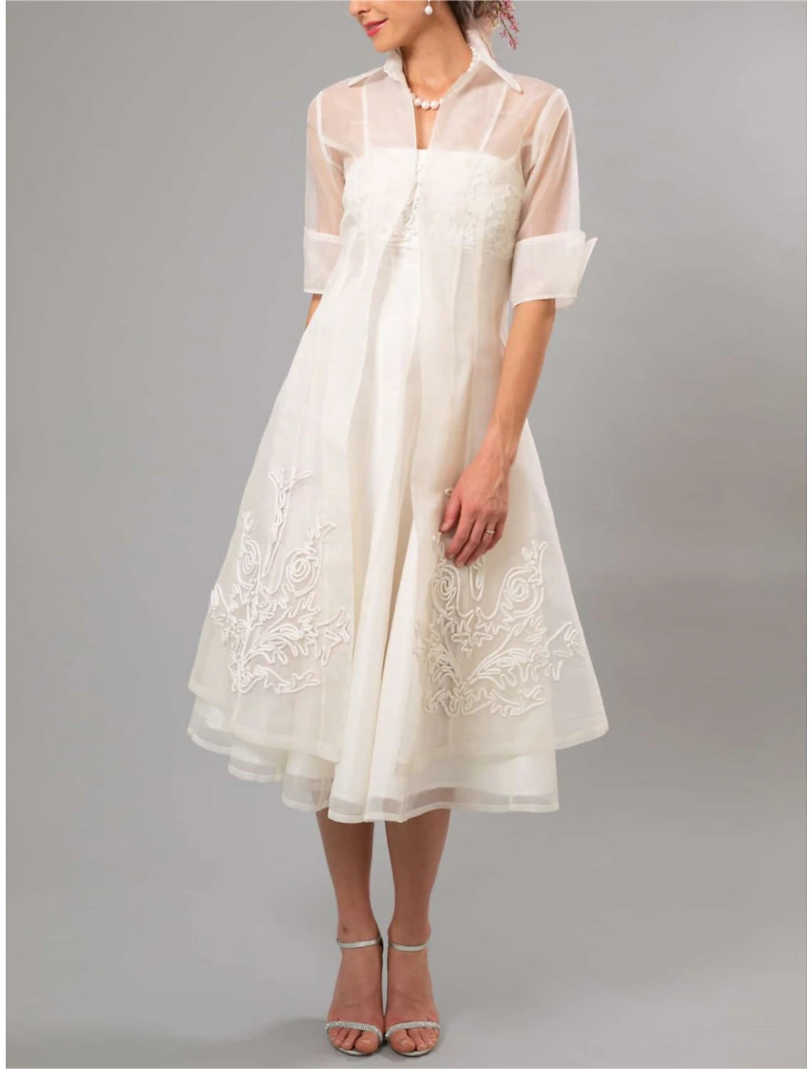 A-Line Mother of the Bride Dress Elegant See Through Shirt Collar Tea Length Organza Half Sleeve with Pleats Appliques