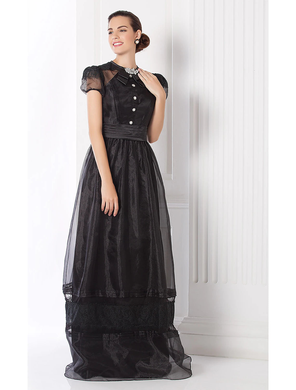 Sheath / Column Elegant Dress Prom Formal Evening Floor Length Short Sleeve Jewel Neck Organza with Lace Sash / Ribbon Ruched