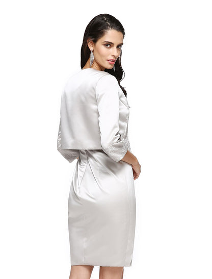 Sheath / Column Mother of the Bride Dress Two Piece Jewel Neck Short / Mini Satin Half Sleeve No with Pleats