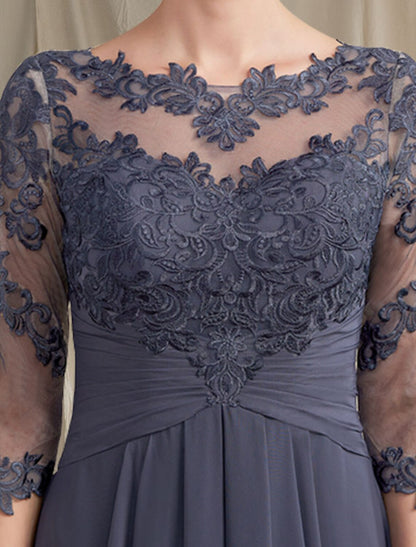 A-Line Mother of the Bride Dress Plus Size Elegant Jewel Neck Tea Length Chiffon Lace 3/4 Length Sleeve with Pleats Appliques