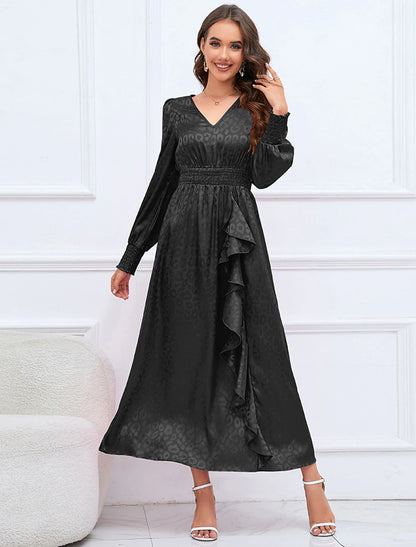Vestidos de fiesta de corte A, elegantes, formales, de otoño, largos hasta los tobillos, mangas largas, cuello en V, de satén con volantes estampados