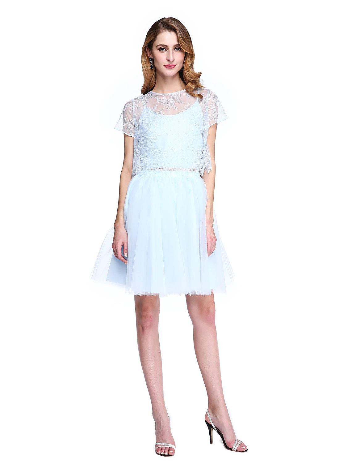 A-Line Mother of the Bride Dress Two Piece Jewel Neck Knee Length Lace Tulle Short Sleeve No with Lace