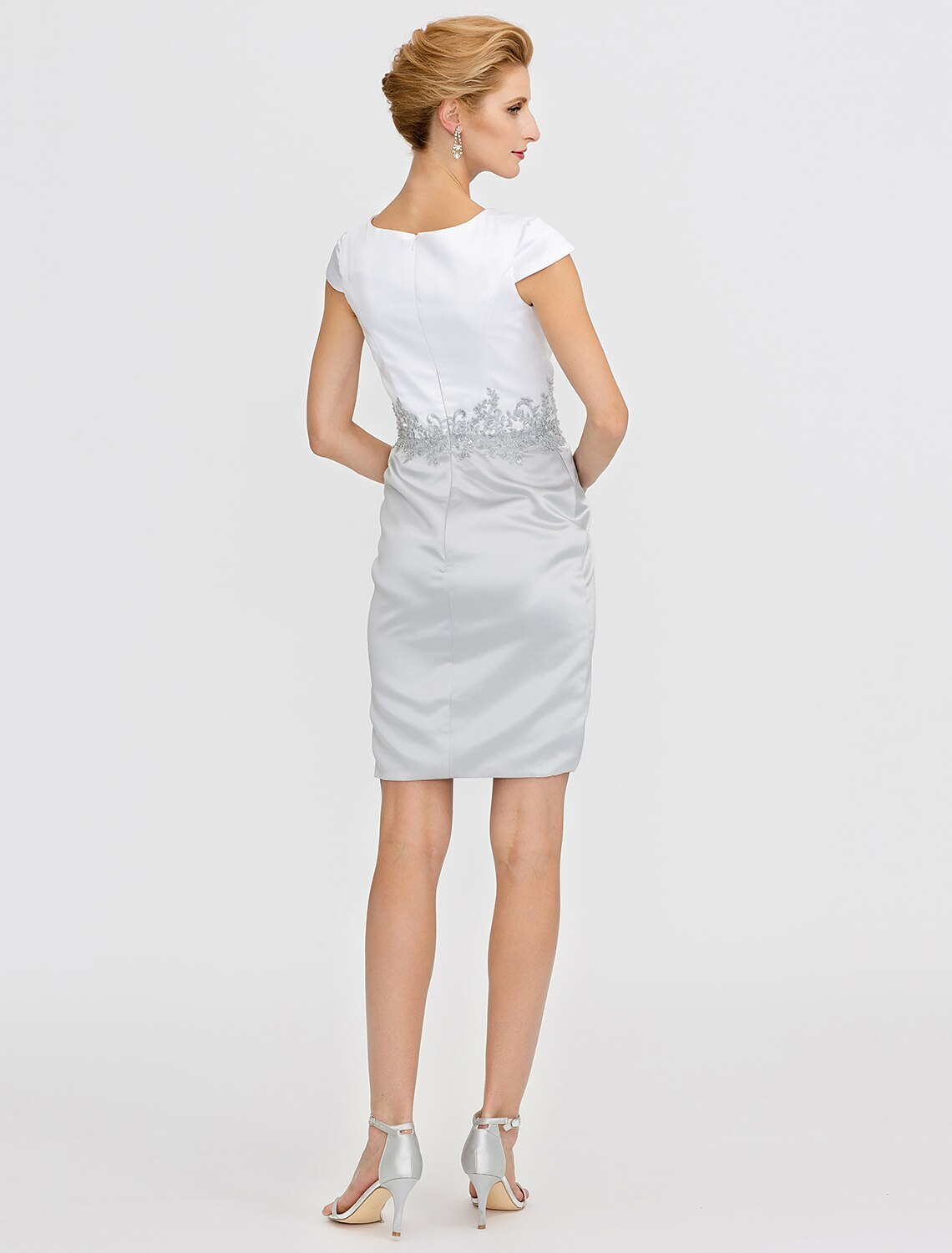Sheath / Column Mother of the Bride Dress Formal Two Piece Jewel Neck Short / Mini Satin Short Sleeve yes with Lace Pleats