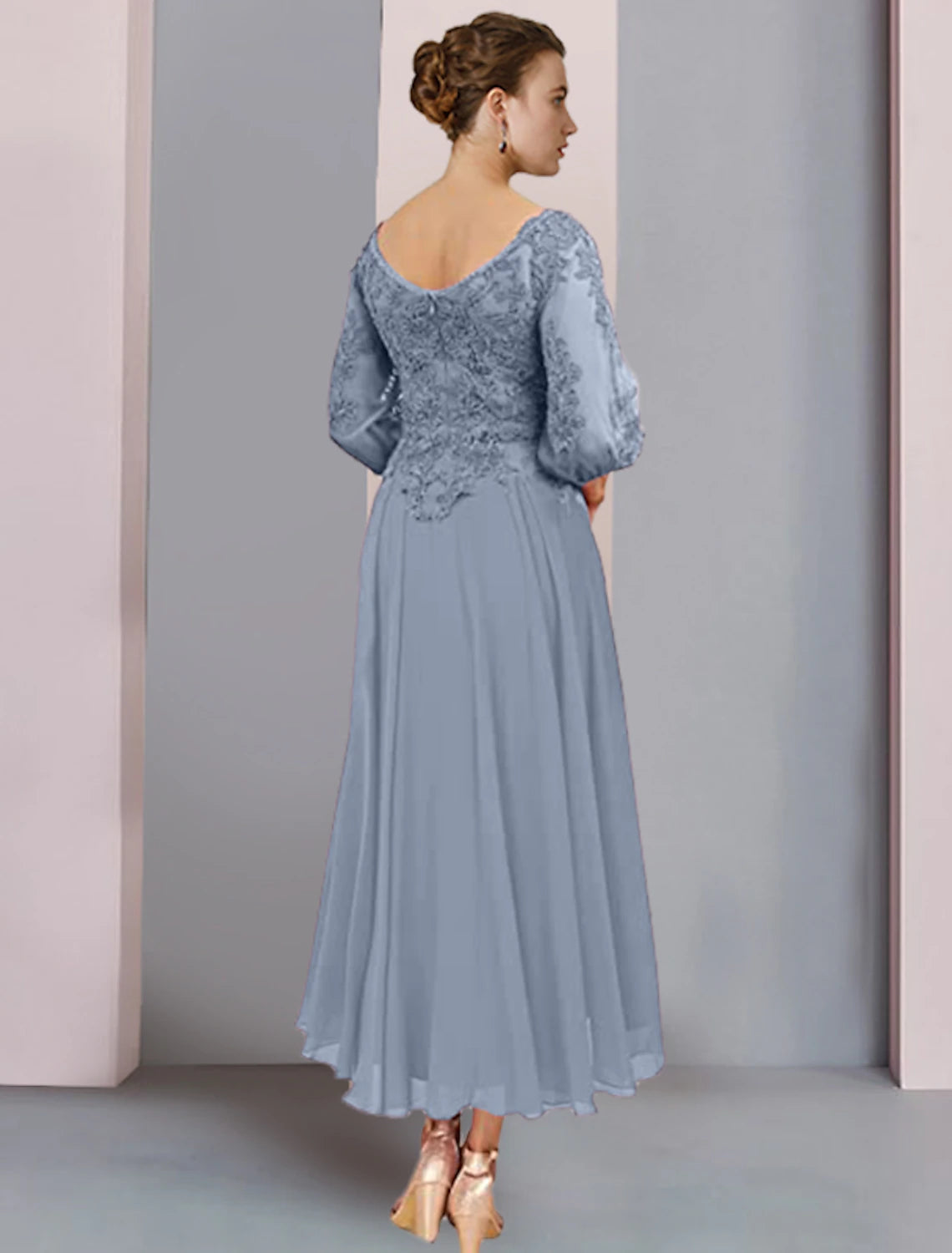 Vestido de dos piezas de corte A para madre de la novia, elegante, para invitada de boda formal, escote en V, largo hasta la rodilla, de gasa, con encaje, mangas 3/4, cruzado incluido con pliegues y apliques