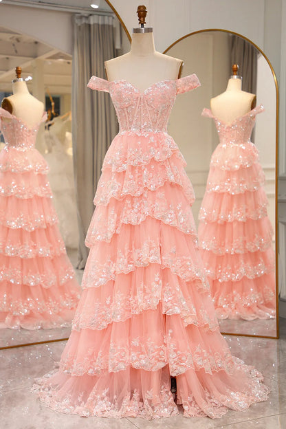 A-Line Off The Shoulder  Sequin Long Prom Dress with Split
