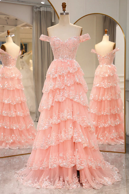 A-Line Off The Shoulder  Sequin Long Prom Dress with Split