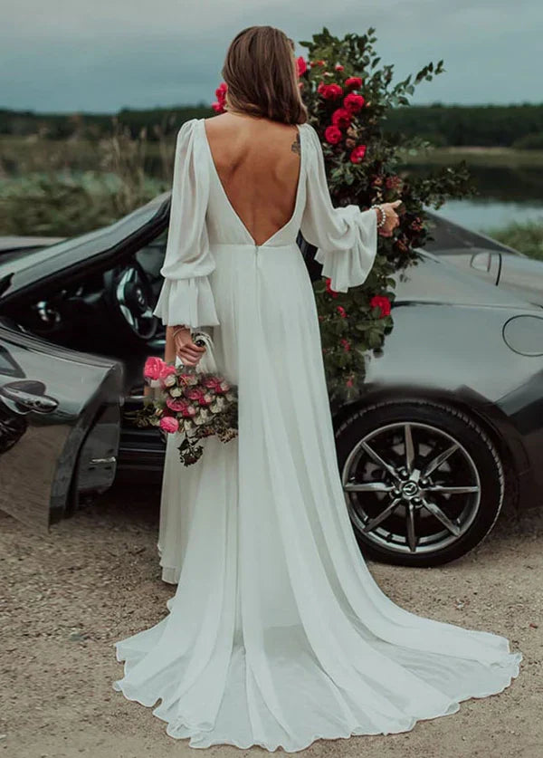 A-Line Beach V-Neck Long-Sleeve High Slit Romantic Chiffon Wedding Dresses